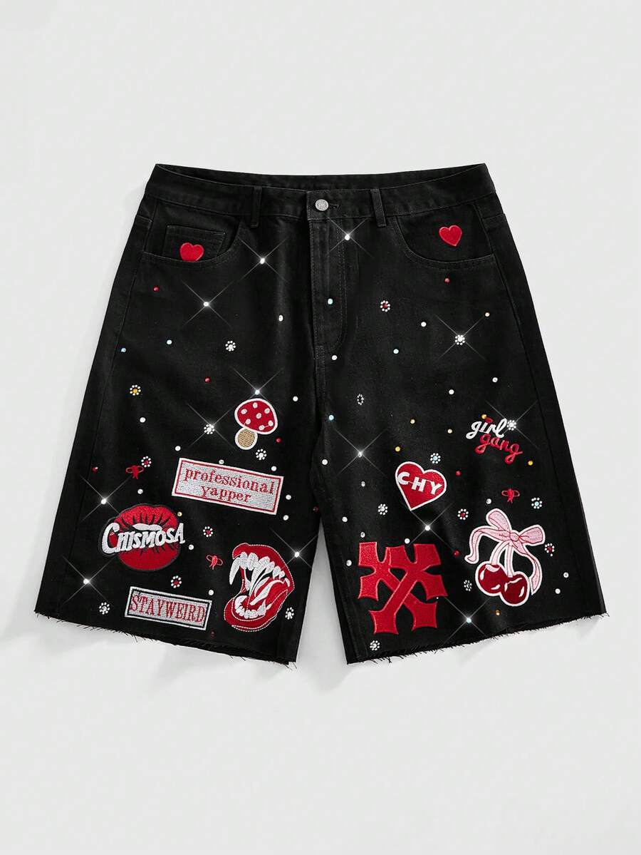 Men's Embroidered Pattern Rhinestone Loose Denim Shorts - Black - View 1