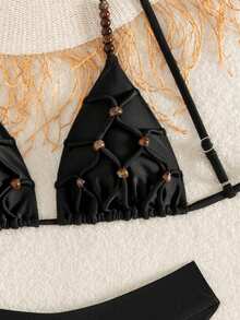 Swim Mod 女士手工串珠高端复古三角比基尼泳衣，串珠装饰海滩度假泳池派对性感女士泳装，纯色，春夏款，百搭 - 黑色 - 查看 2