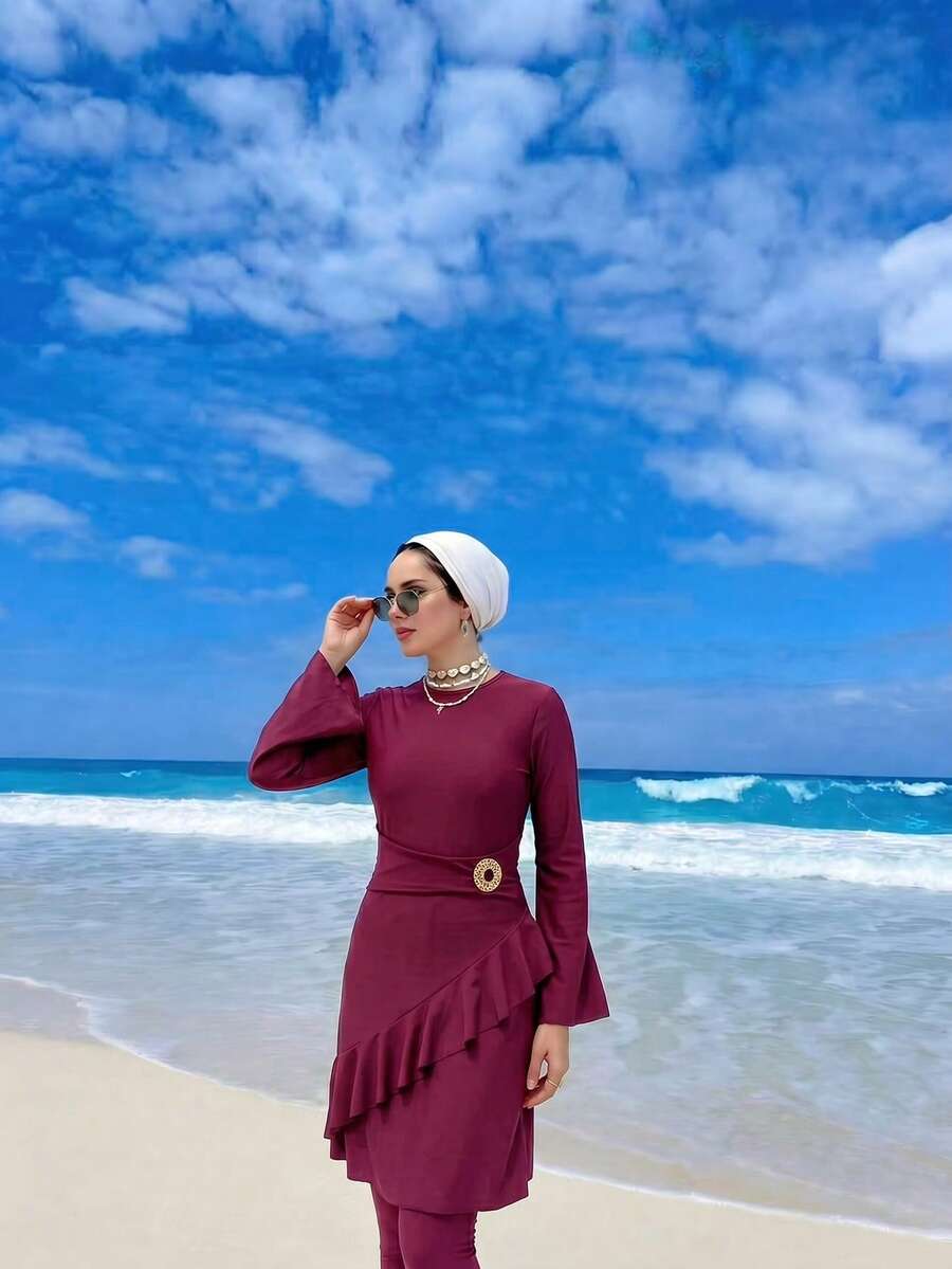 Swim Mulvari Women's New Burgundy Burkini Two Pieces Swimwear, Top Fashionable Maxi Dress Paired With Slim Fit Bottoms, Modest Beach Party Swimwear Set - Burgundy - View 1