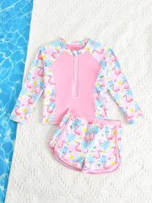 Bộ đồ bơi tankini dài tay in hình chim hồng hạc hoạt hình cho bé gái, đồ trẻ em - Nhiều màu - Xem 5