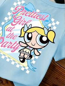 THE POWERPUFF GIRLS X SHEIN 少女卡通印花圆领短袖T恤，浅蓝色，适合上学、外出、夏季休闲穿着 - 藍色 - 查看 4