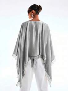 LYSMO Blusa holgada de mujer con mangas acampanadas, de unicolor satinado con encaje de contraste, para primavera/otoño - Gris - Ver 2