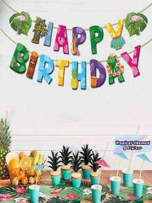 1set Tropical Hawaiian Happy Birthday Paper Banner - Colorful Hawaiian Flower & Palm Leaf Designs, For Summer Beach Celebration & Luau Theme Indoor/Outdoor Party Hanging Decorations - Multicolor - View 1