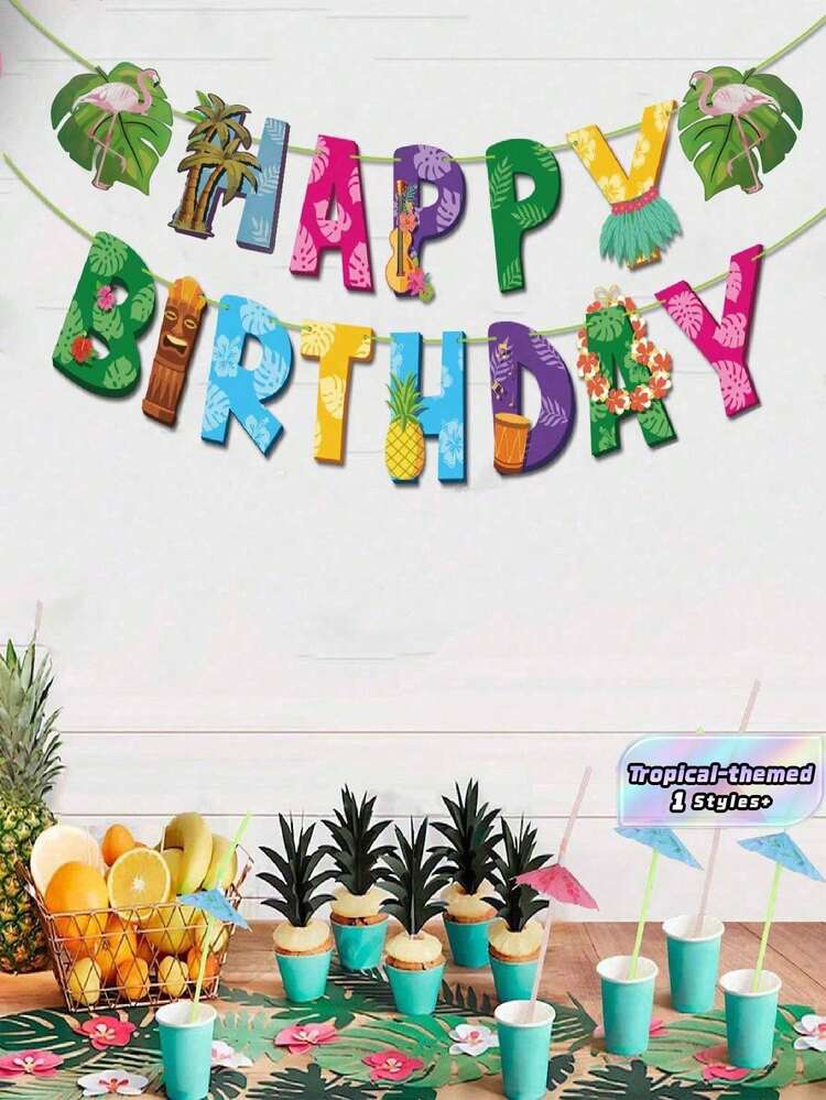 1 套热带夏威夷生日快乐纸质横幅 - 彩色夏威夷花朵和棕榈叶图案，适用于夏季海滩庆典和夏威夷宴会主题室内/室外派对悬挂装饰 - 彩色 - 查看 1