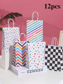 Conjunto de 5/12/16/20/24 Sacolas de Presente com Alças e Estampa de Bandeira Quadriculada - Decoração para Festa Temática de Corrida em Preto e Branco, Sacolas para Doces de Aniversário, Lembrancinhas para Pequenos Negócios e Eventos - Multicolorido - Ver 12