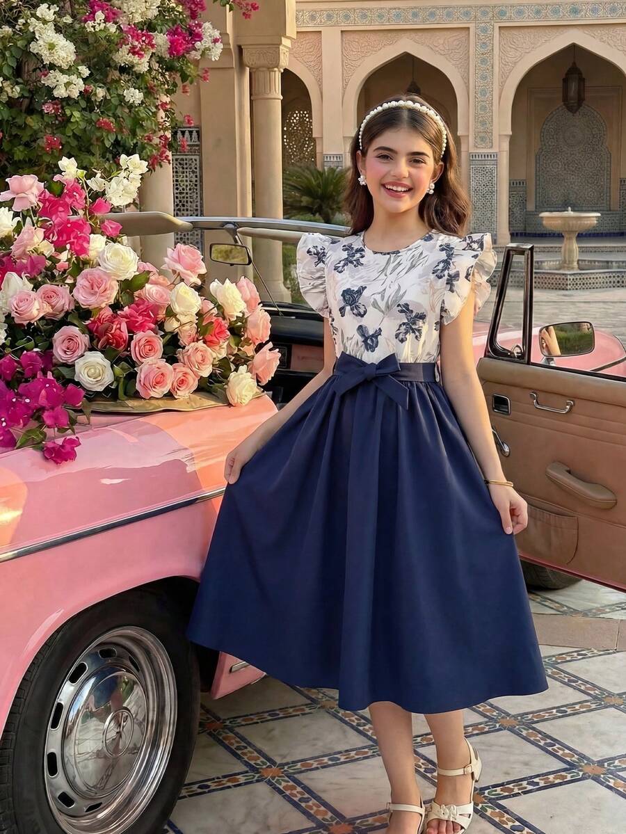Teen Girl Elegant Floral Print Ruffle Sleeve Midi Dress With Waist Belt And Bow, Vacation Dresses - Navy Blue - View 1