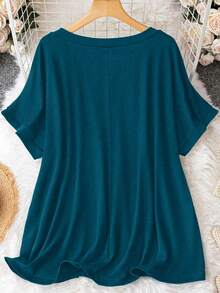 SHEIN CURVE+ Plus Size Casual Minimalist V-Neck Loose Knit Dress - Blue - View 2