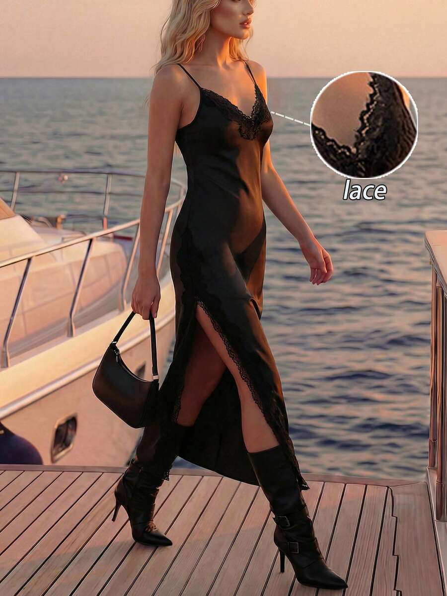 Opuloom 女士时尚V领吊带蕾丝拼接高开衩性感别致休闲通勤约会派对连衣裙，春夏长款吊带连衣裙蕾丝边连衣裙黑色连衣裙女装 - 黑色 - 查看 1
