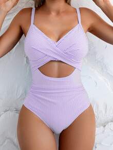Swim Basics 女士性感条纹连体镂空前系带后背泳衣，夏季 - 紫色 - 查看 4