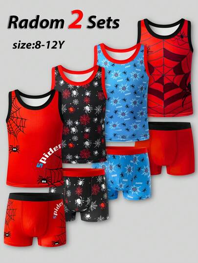 2pcs/Set Boys' Casual Spider Print Sleeveless Tank Top & Boxer Brief Underwear Set