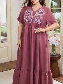 Al Najma Plus Size Short Sleeve Solid Color Embroidered A-Line Arabic Style Dress For Women - Dusty Pink - View 5