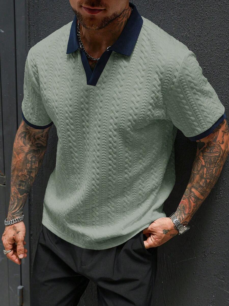 Manfinity CasualCool 男士撞色休闲百搭通勤短袖Polo衫 - 薄荷綠 - 查看 1