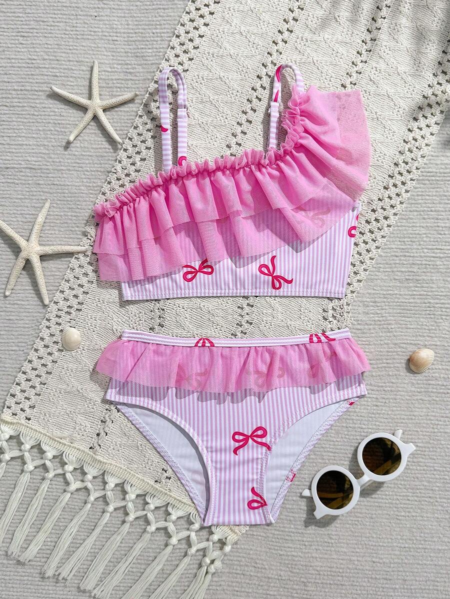 Young Girls Bowknot Striped Cute Ruffled Asymmetric Shoulder Adjustable Strap Ruffled Hem Triangle Bikini 2-Piece Swimwear Set - Multicolor - View 1