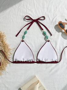 Swim Vcay Áo bikini hai mảnh cổ yếm màu nâu đính đá quý kiểu cổ điển dành cho nữ cỡ lớn, thích hợp cho kỳ nghỉ biển. - Màu Đỏ Sâu - Xem 2