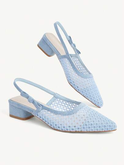 CUCCOO CHICEST Giày nữ mùa xuân hè mới, mũi nhọn, gót thấp, màu xanh lưới hình thoi, có nơ, thời trang, thanh lịch, thoáng khí, kiểu dáng nữ tính, giày nữ đế dày, gót thấp, đế rỗng.