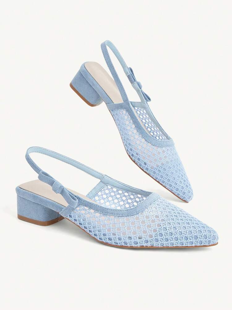 CUCCOO CHICEST Women's Spring And Summer New Pointed Toe Low Heel Blue Mesh Rhombus Grid Bow Fashionable Elegant Breathable Lady Style Women's Shoes Thick Heel Low Heel Empty Women's Shoes