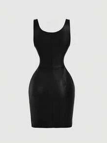 SHEIN MOD 女士纯色褶皱方领无袖修身PU连衣裙 - 黑色 - 查看 6