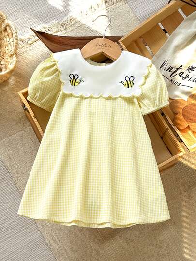 SHEIN Vintaside Kids 2026 SS Summer Baby Girl Cute Casual Pastoral Floral Embroidered Plaid Dress, Soft & Comfortable Fabric, Travel Essential