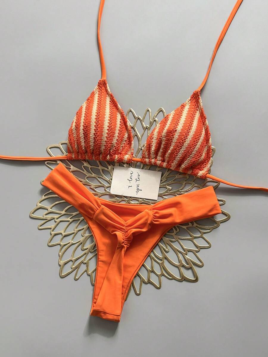 Swim Mod Summer Women 2pcs Textured Knit Fabric Triangle Tie Top And Ruched Bikini Bottoms Swimwear Set - Orange - View 1