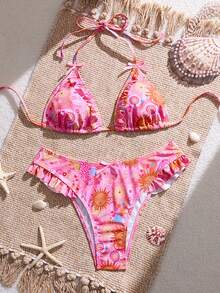 Swim Mod Women's 2pcs Pink Tropical Sunflower Random Print Ruffle Trim Bow Tie Triangle Top And Matching Triangle Bottoms Sexy Cute Summer Beach Bikini Set - Multicolor - View 3