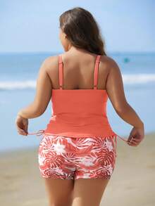 Swim Lushoire Plus Size Floral Print Tankini Swimwear - Watermelon Pink - View 2