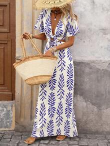 Vestido ajustado de manga corta con estampado de leopardo tejido y recorte hueco en la cintura para mujeres - Azul - Ver 8