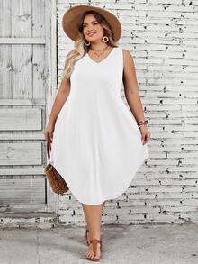 SHEIN CURVE+ 大码女式纯色弧形下摆背心连衣裙 - 白色 - 查看 5