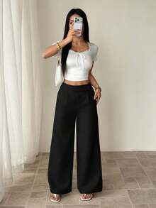 SHEIN PETITE 女款黑色夏季休閒辦公優雅直筒褲，竹纖維面料腰前疊層扣設計，專業教師制服百搭，適合嬌小女性 - 黑色 - 查看 6