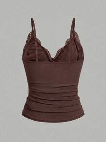 EgrlEra Áo camisole mùa hè dành cho nữ, ôm sát, cổ chữ V sâu kiểu Pháp, ren và nơ, màu kem vàng. - Cà phê nâu - Xem 2