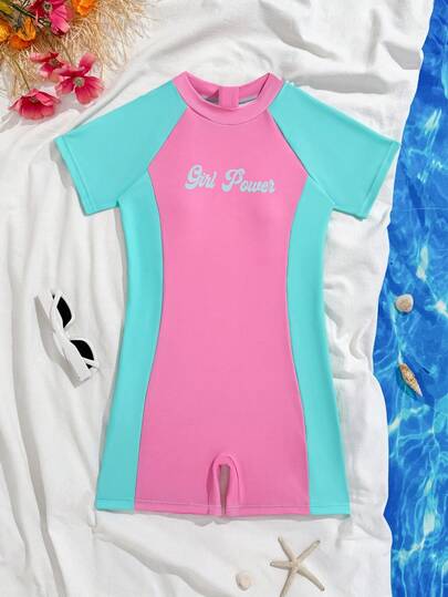 Đồ bơi một mảnh tay raglan khóa kéo màu khối cho bé gái tuổi teen, thích hợp cho lướt sóng, thể thao, mùa hè, bãi biển, hồ bơi, kỳ nghỉ