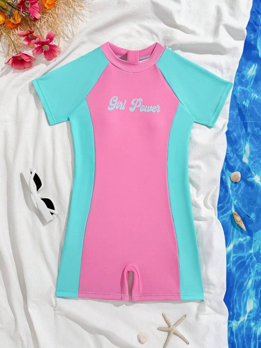 Maiô de Manga Raglan com Zíper nas Costas e Recortes Coloridos para Meninas Pré-Adolescentes, Adequado para Surfe, Esportes, Verão, Praia, Piscina, Férias