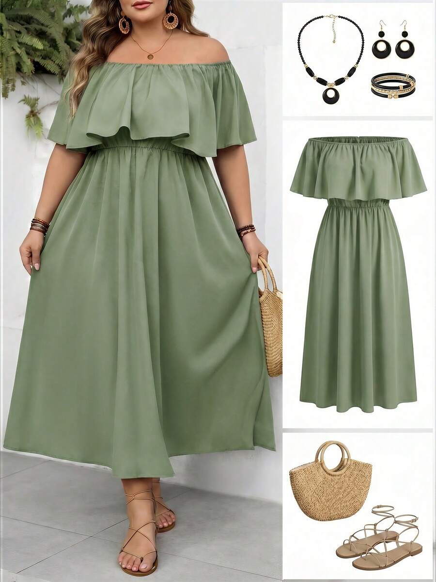 SHEIN CURVE+ Curve 尺码 US22 音乐节、海滨度假、波西米亚风黑色露肩宽松 A 字连衣裙、休闲度假连衣裙、黑色时尚连衣裙 - 橄欖綠 - 查看 1