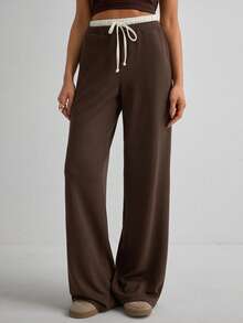 Casual Versatile Contrast Color Drawstring Waist Pants - Brown - View 4