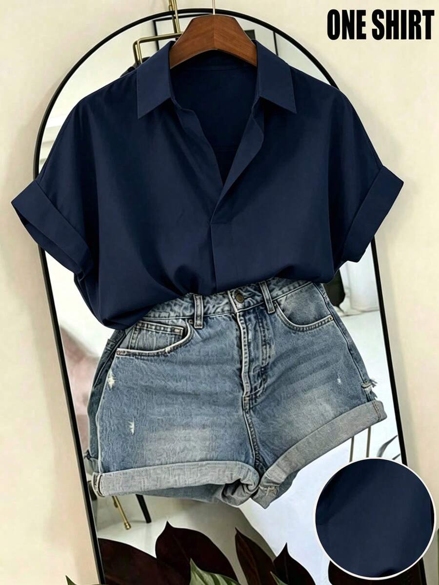 SHEIN Franclia 时尚高端法式设计宽松蝙蝠袖翻领女式衬衫 - 寶藍色 - 查看 1