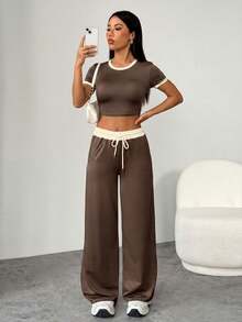 SHEIN PETITE Women's Fashion Versatile Color Block Short Sleeve T-Shirt And Drawstring Waist Pocket Long Pants 2-Piece Set - Coffee Brown - View 4