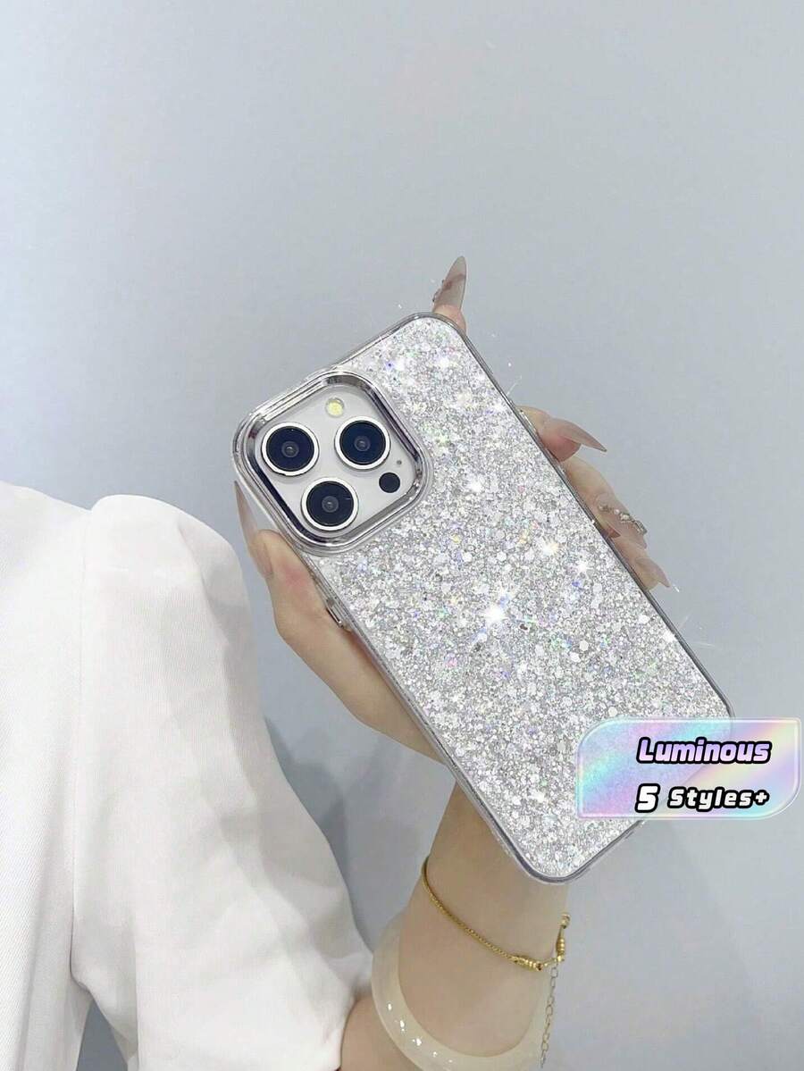 1-Piece Luxury Shiny Diamond Leather Phone Case Compatible With 16e ,16,16 Pro,16Pro Max ,16Plus - Silver - View 1