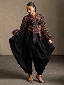 Vixey Pleated Plus Size Pleated Structure Elastic Waistband Harem Joggers - Black - View 3