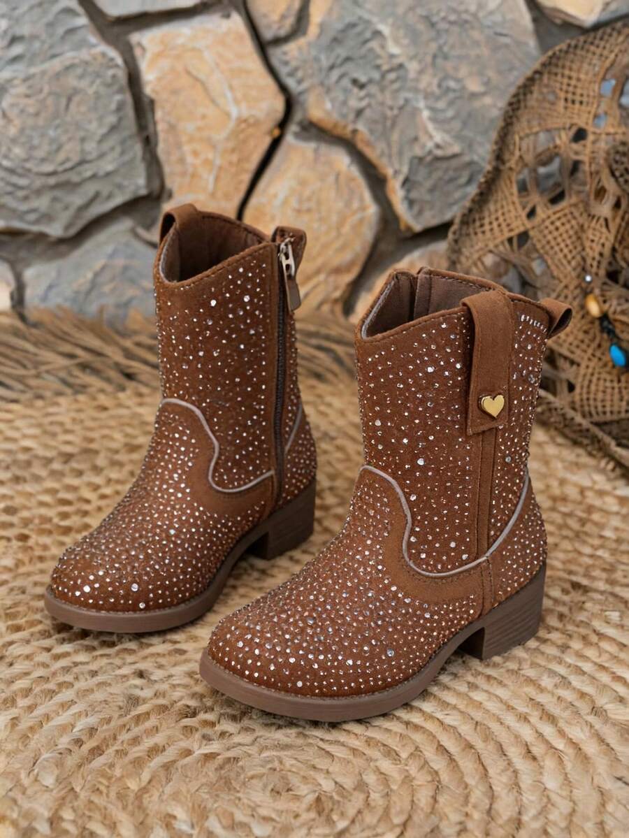 BotaS VAQUERAS con diamantes para niñas, botas altas para niñas nueva temporada de otoño e invierno, botas largas de campo con decoración de diamantes brillantes - cafe - Ver 1