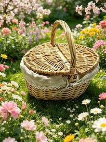 Multicolor Handwoven Storage Basket - Natural Wicker Fruit & Vegetable Bin - Rustic-Style Wicker Picnic Basket (With Lid, Handle, And Liner) - Ideal For Picnics, Parties, And BBQ Gatherings - Multicolor - View 2