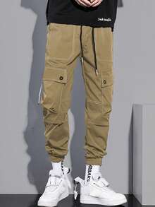 Manfinity Hypemode Pantalones de tobillo con cordón de moda urbana para hombres - Caqui - Ver 4
