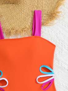SHEIN Tween Girl Hollow Design Spaghetti Strap One-Piece Swimsuit - Multicolor - View 3