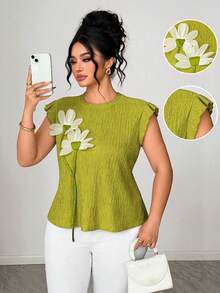 Elenzga Plus Size Women's Elegant And Fashionable Top, Suitable For Work, Casual And Holiday Wear. Made Of Rich Textured Stretchy Knit Fabric, Decorated With Wavy Pattern. Round Neck Design With Contrast Floral Ruffle Trim. Fitted Short Sleeve. Green. Spring/Summer. - Green - View 3