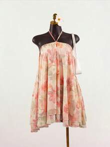 SaltGleam SaltGleam Women's Floral Print Loose Halter Mini Dress, Vacation Style - Multicolor - View 4