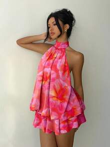 SHEIN PETITE CURVE 大码高领无袖露背夏季碎花休闲连衣裙 - 彩色 - 查看 7