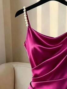 GlowEve CURVE Váy satin hồng đính đá pha lê và ngọc trai, hở lưng, phong cách Pháp, xếp ly, sát nách, ôm dáng, đính sequin trắng, thanh lịch, cho khách dự đám cưới, tiệc bãi biển mùa hè - Màu Hồng Tươi - Xem 6