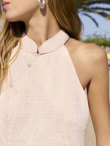 Nöista Mao Neck Sleeveless Top In Pink Color, Part Of A Set, Chinese Buttons Detail On Neck. Festival, Outfit Casual, Graduation. - Pink - View 10