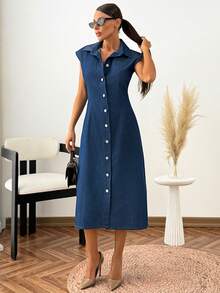 SHEIN Vintage gewaschenes Jeanshemdkleid mit Kragen und Knopfleiste, Kurzarm - Dunkle Waschung - Übersicht 4