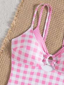 Swim Mod Women's One-Piece Plaid Swimsuit With Spaghetti Straps, Suitable For Beach Vacation, Spring/Summer - Pink - View 3