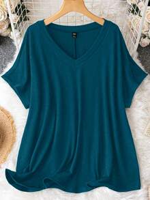 SHEIN CURVE+ Plus Size Casual Minimalist V-Neck Loose Knit Dress - Blue - View 1