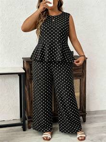 SHEIN LUNE Bộ đồ 2 món dành cho nữ cỡ lớn, họa tiết chấm bi, viền bèo nhún, gồm áo hai dây và quần dài, thích hợp cho mùa hè. - màu đen - Xem 3